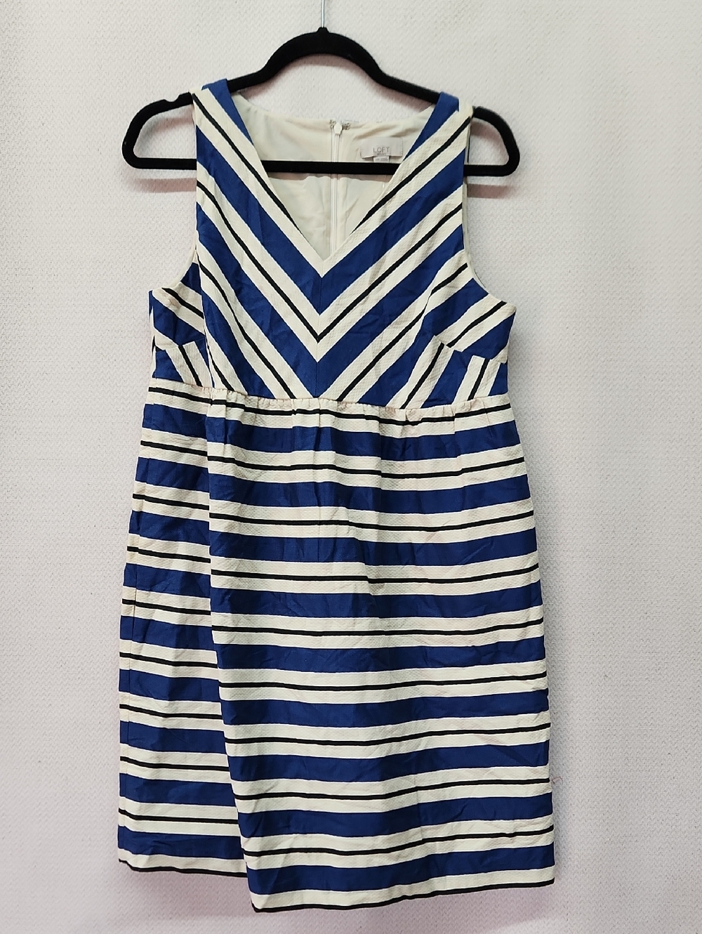 LOFT Blue and White Striped V-Neck Midi Dress